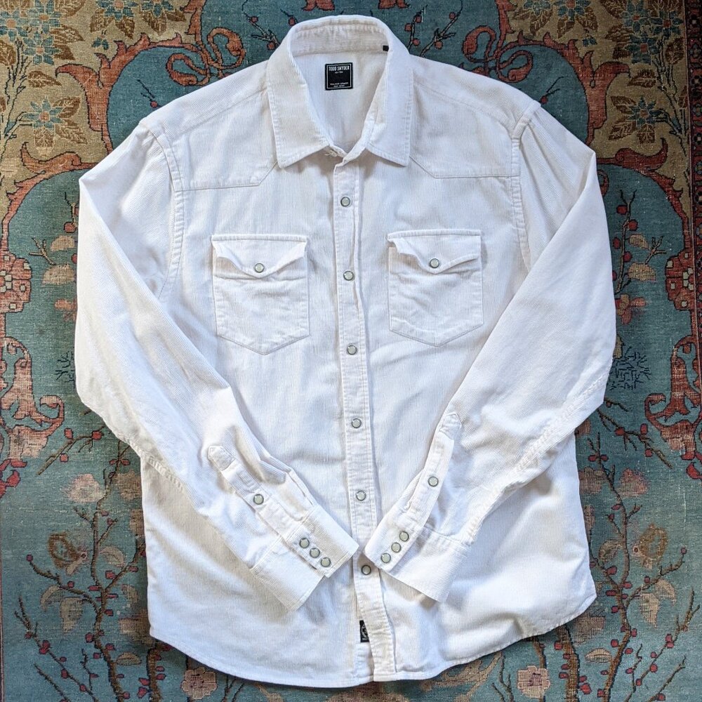 Todd Snyder slim western pearl snap cowboy off white ivory cord corduroy shirt L